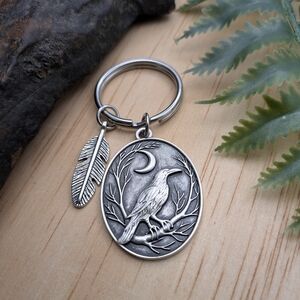 Silver Raven Keychain with Feather Charm